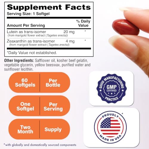 Trans Lutein 20mg Trans Zeaxanthin 4mg, 60 Softgels Health Thru Nutrition | Trans-Isomer Lutein Supplement Marigold Extract in Nature Identical 5:1 Ratio | Supports Healthy Eye, Skin and Brain, Non-GMO