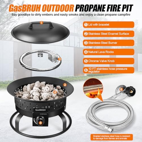 GasBRUH Outdoor Portable Propane Fire Pit, 19-Inch,60,000 BTU with Cover&Carry Kit,Camping Propane Fire Pits,Gas Firebowl,Portable Gas Fire Pit for Outside Patio,Backyard,Camping,RV,Deck,Tailgating