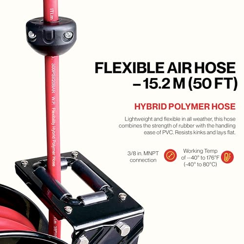 ReelWorks Retractable Air Hose Reel, 3/8" x 50 ft, 300 PSI, Hybrid | Keeps its hybrid hose flexible from -40°F to 176°F for year-round shop use