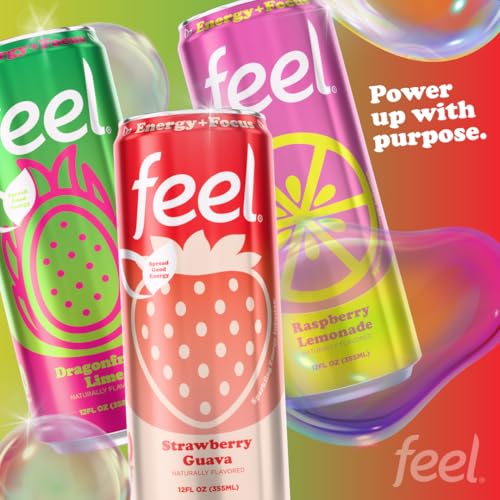 FEEL Variety Pack – Zero Sugar Sparkling Energy Drink – 3 Flavor Assortment, 140mg Plant-Based Caffeine from Green Coffee Beans + L-Theanine – Vitamin C, Vegan, Non-GMO – 12 Pack (12 Fl Oz Cans)