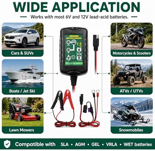 Unocho 6V/12V Battery Charger Maintainer 1.5A Automatic Trickle Charger Smart Float Charger for Car Motorcycle Lawn Mower Boat ATV Snowmobile