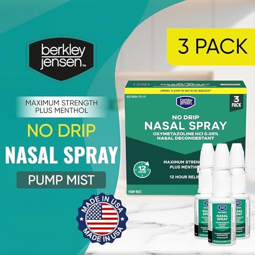 Berkley Jensen No Drip Severe Congestion Nasal Spray - Maximum Strength Decongestant with Oxymetazoline HCl & Menthol - Pump Mist Applicator, No Steroid, 12 Hour Relief, 1 Fluid Ounce (Pack of 3)