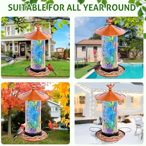 XDW-GIFTS Mosaic Solar Wild Bird Feeder, Waterproof Lantern Shape with S-Hook & 4 LED Lights, Garden Decor for Lawn, Patio, Balcony, Yard Ornament - Unique Gifts for Mom, Women, Grandma, Bird Lovers
