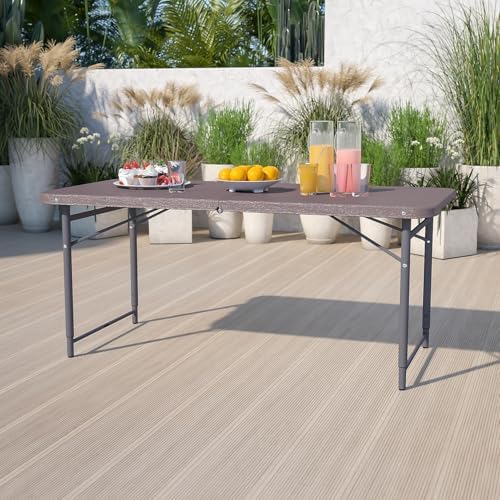 Flash Furniture 5-Foot Bi-Fold Granite White Plastic Folding Table | Lightweight, Easy Storage, Commercial Grade, Carrying Handle
