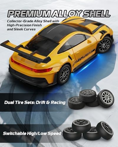 ARRIS 1/43 911 RC Drift Car 4WD with Gyro Full Proportional RTR | Alloy Body, 20KM/H Speed, Extra Drift Tires, Silent Bearings, LED Lighting