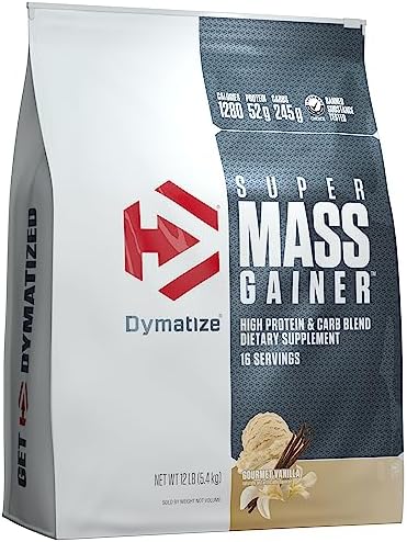 Dymatize Super Mass Gainer Protein Powder, Gourmet Vanilla, 52g Protein, 1g Creatine, 1280 Calories, 10.7g BCAAs, 245g Carbs, Contains Whey Protein Powder, Isolate, and Casein (8 Servings)