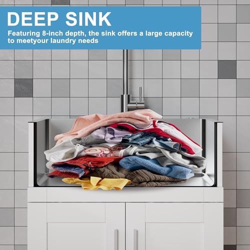 Goodyo Utility Sink with Cabinet 24 Inch Laundry Room Sink Cabinet 304 Stainless Steel Sink Combo White