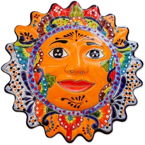 NOVICA Artisan Handmade Ceramic Wall Sculpture Handpainted Sun from Mexico Multicolor Decor Art Moon [13in H x 13in W x 2.3in D] ' Luz Del Sol'