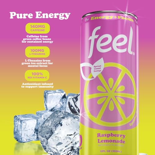 FEEL Variety Pack – Zero Sugar Sparkling Energy Drink – 3 Flavor Assortment, 140mg Plant-Based Caffeine from Green Coffee Beans + L-Theanine – Vitamin C, Vegan, Non-GMO – 12 Pack (12 Fl Oz Cans)