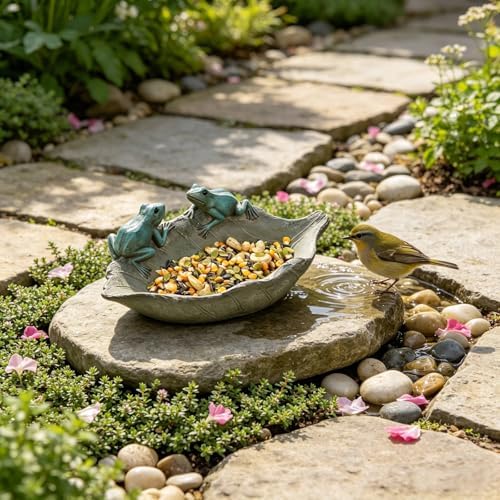 Bird-Feeder Wild Bird-Bath Bowl Outdoors - Garden Decor Polyresin Birds on Leaf 12.4 * 7.5 * 4.1 Inch-Newman House Studio