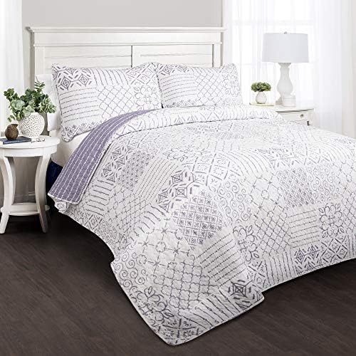 Lush Decor Monique 3 Piece Reversible Print Pattern Blue Quilt Set - Full Queen