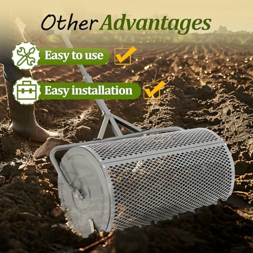 FAHKNS Compost Spreader for Lawn and Garden, 27 inch Metal Roller Spreader with Adjustable Handle, Heavy-Duty Fertilizer Spreader for Yard Work, Gray