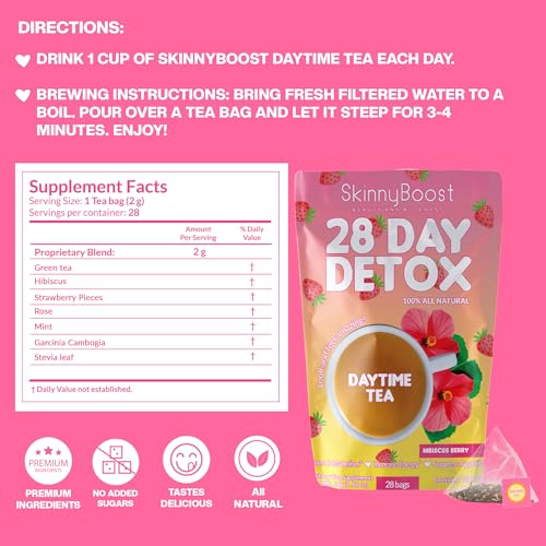 SkinnyBoost 28 Day Detox Daytime Tea - CITRUS MINT (28 Tea Bags) Supports Metabolism Boost, Detox, All Natural, Non GMO, Vegan, Keto Friendly | Natural Energy Boost, Supports Metabolism, Detox, All Natural, Non GMO, Vegan, Keto Friendly, Antioxidants
