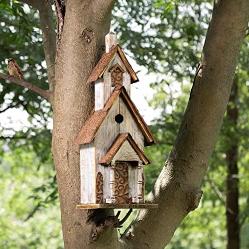 Glitzhome Rustic Hand Painted Wooden Church Birdhouse, Extra-Large 23.62" H Hanging Bluebird Houses for Outside
