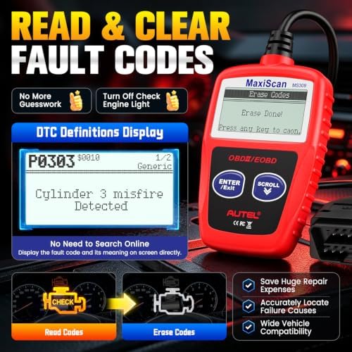 Autel OBD2 Scanner MS309 Universal Car Engine Fault Code Reader, Check Engine Light and Emission Monitor Status, OBDII CAN Diagnostic Scan Tool