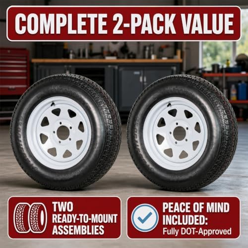 eCustomrim 2-Pack Trailer Tire Rim Assembly ST205/75D15 15 Inch 5 Lug White | Load Range C 6 Ply F78-15 Tire, 5 Bolt On 4.5 Inch Center Steel Wheel