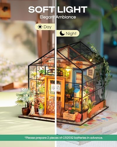 Rolife Greenhouse DIY Miniature Dollhouse Kit Creative Gift for Adults | 1:18 Scale Cathy's Flower House with LED Light, Wooden 3D Puzzle Model Kit