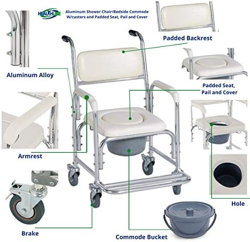HEALTHLINE Shower Bedside Commode Chair Padded Seat With Wheels by Healthline