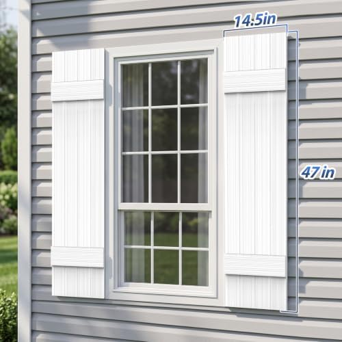 【4 pcs】Thickened Wall Vinyl Shutters, 14 1/2" x 58", White Exterior Window Shutters, 5-Minute Installation, 10+ Years Lifespan, Vertical Embossed Lines