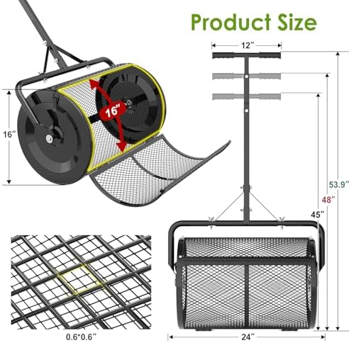 Seeutek Compost Spreader, 24" Peat Moss Spreader with 3 Heights | Push or Tow Top Soil Spreader W/Upgraded Side Latches Support Rod Powder Coated Metal Mesh Top Dressing Spreader for Lawn