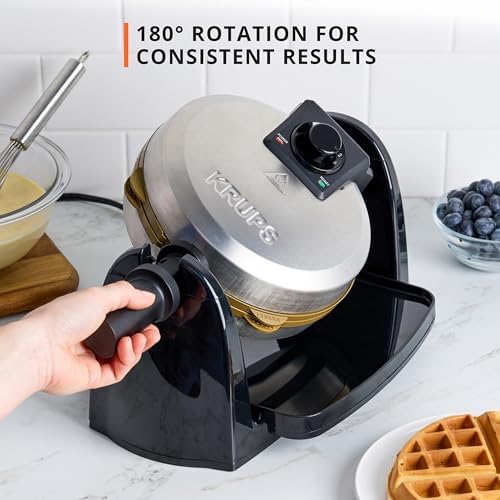 KRUPS 4-Slice Belgian Waffle Maker: Stainless Steel, 5 Browning Levels, Audible Ready Beep, Removable Plates, 1200W, Silver/Black, Large Waffle Maker Family Size, Great for Family Breakfasts