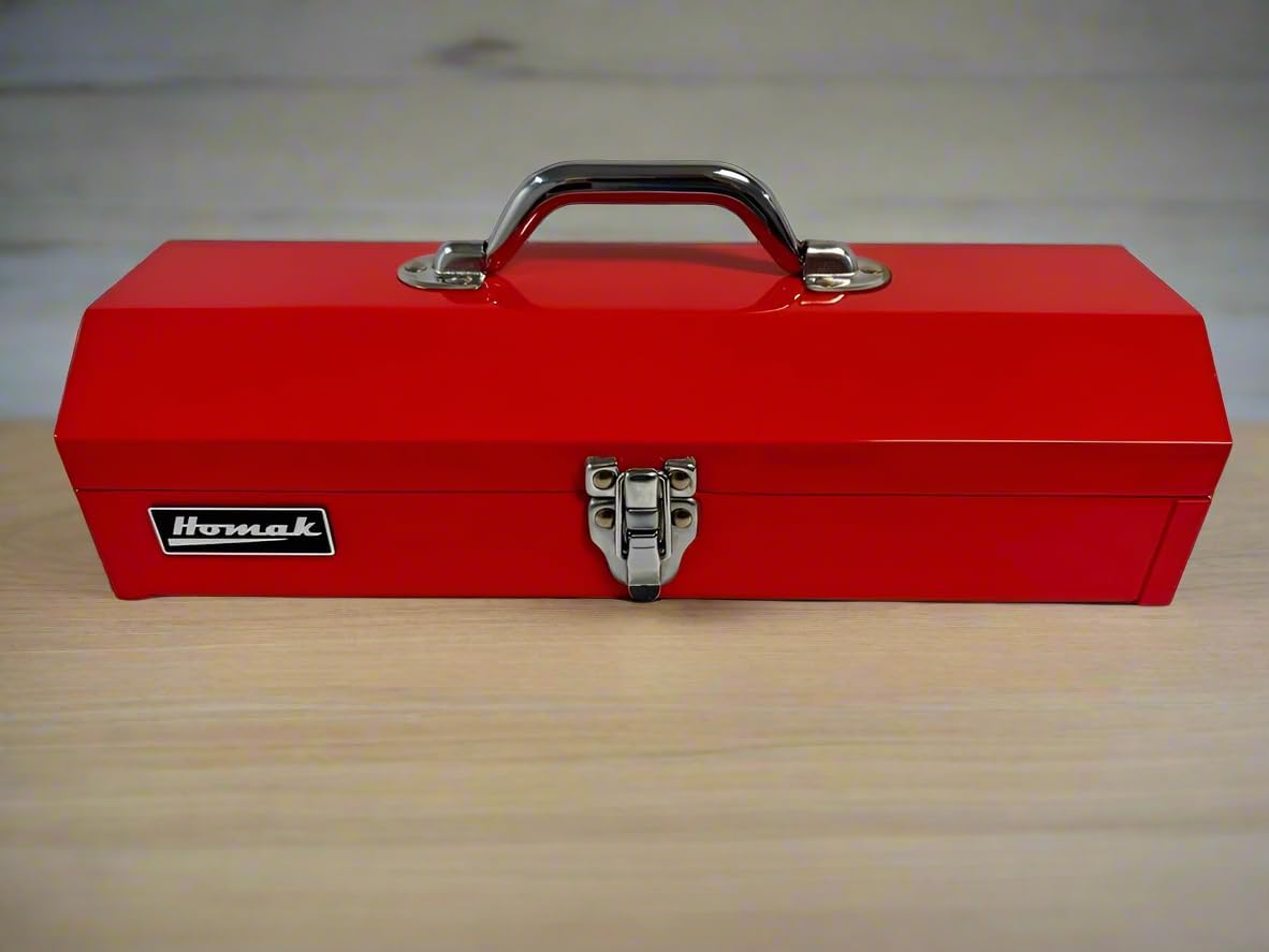 Homak Tool Box, 16" Portable Steel Small Tool Box with Metal Latch Closure & Plastic Handle, Multi-Purpose Heavy Duty Toolbox, Red