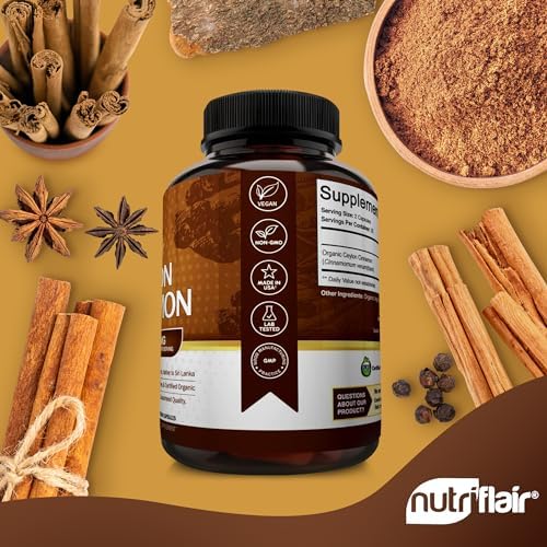 NutriFlair Organic Ceylon Cinnamon Supplement 1200mg, 120 Capsules - USDA Certified - Non-GMO, Gluten Free Powder, Antioxidant Pills