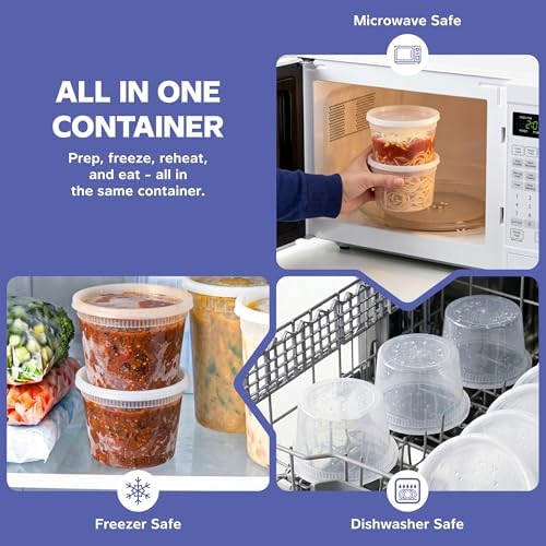 GUSTO 32 oz Plastic Deli Containers with Lids [24 Sets] Food Storage | Microwave, Dishwasher & Freezer Safe, Disposable or Reusable, BPA Free, Leak-Proof, Soups, Takeout, Meal Prep & Leftovers