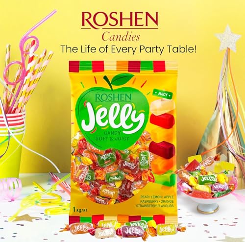 Roshen Mixed Fruit Jelly Candy, 2.2 lb (1 kg) Bulk Bag – Soft & Juicy Fruit Jelly Candies with 6 Fruit Juices, Gelatin-Free, Kosher & Halal Chewy Candy
