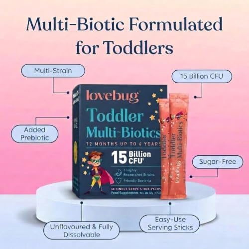 LOVEBUG Award Winning Probiotics | Constipation & Stomach Discomfort | Softer Bowel Movements | Easy-to-Take Powder | Ages 12 Months to 4 Years | 60 Packets