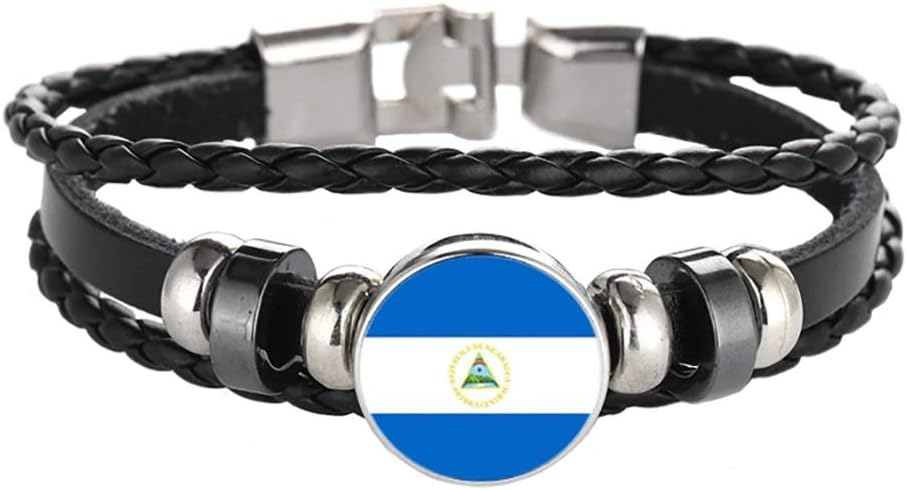 Wedarego Nicaragua Flag Braided Bracelet Leather Chain Crystal Wristband Souvenir,Fashion Handmade Bracelet For Man & Woman Special Day's Gift