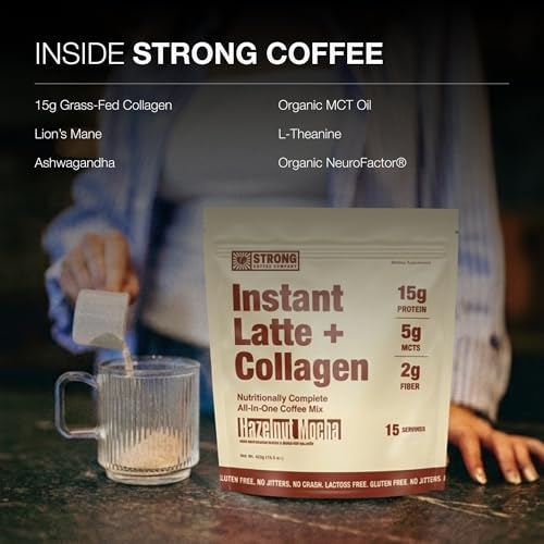 Strong Coffee Co. Hazelnut Instant Latte | 15 Servings | Organic Coffee with Collagen Protein | Lion’s Mane & L-Theanine | Adaptogens & Nootropics