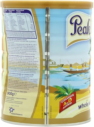 Peak Whole Milk Powder, 2 Pound (900g) Can - European Milk from Holland, rBST Free, Full Rich Flavor, Dissolves Instantly, Long Shelf Life