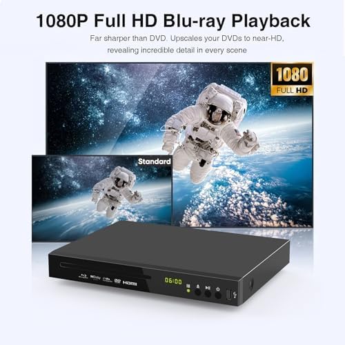 Blu-ray DVD Player Full HD 1080p with Dolby Digital, TrueHD and DTS Audio | DVD Upscaling, Region A Blu-ray & Region 1 DVD Support, 128GB USB Playback