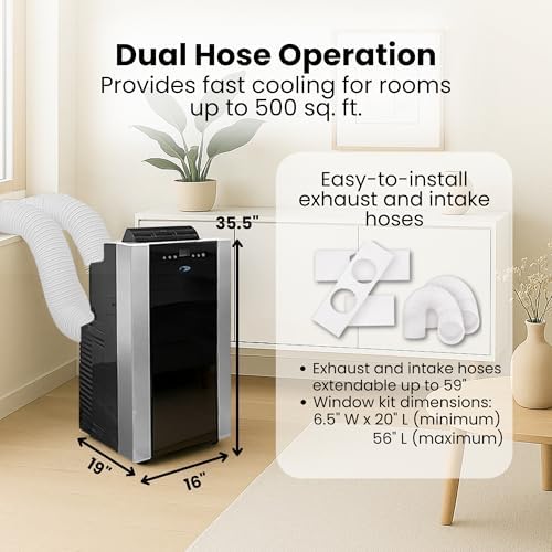 Whynter Portable Air Conditioner 14, 000 BTU Dual Hose 500 Sq Ft ARC-14S | Built In Dehumidifier with Auto Drain, Cool, Dehumidify and Fan Modes