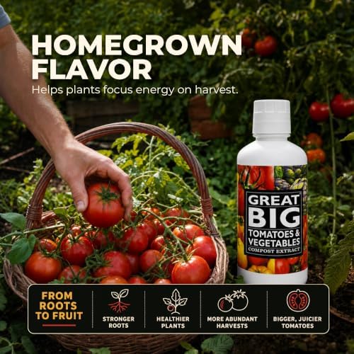 Great Big Tomatoes and Vegetables Liquid Fertilizer Booster - Organic Soil Conditioner, Liquid Compost Extract with Humic Acid, Fertilizer Activator for Big Vegetable Yields, 70 Minerals - 32 Ounce