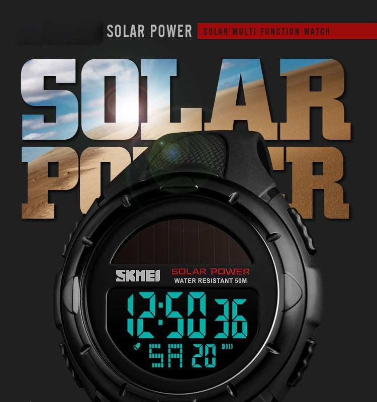 MASTOP Solar Powered Energy Watch for Men Military Digital Multifunctional Led Luminous Indication 2 Time Zone 50m Waterproof Watch Reloj Solar para Hombre