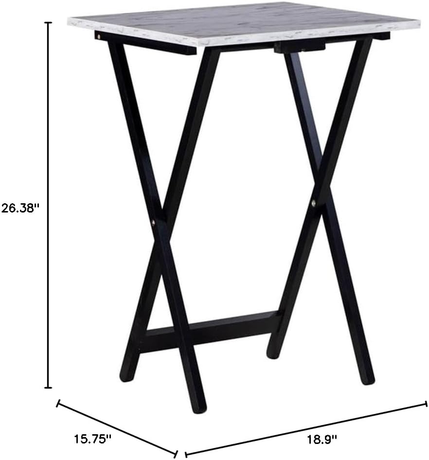 Riverbay Furniture 5 Piece TV Tray Table Set, Faux Marble Tops, Rubberwood and MDF, Brown Finish, Includes 4 Folding Tray Tables and 1 Storage Stand, Compact Design for Living Room or Home Use