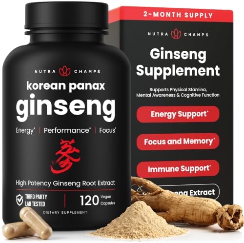 NutraChamps Korean Red Panax Ginseng Capsules | Extra Strength Ginsenosides for Energy, Focus, Performance, Vitality & Immune Support | Korean Ginseng Root Extract for Men (120)
