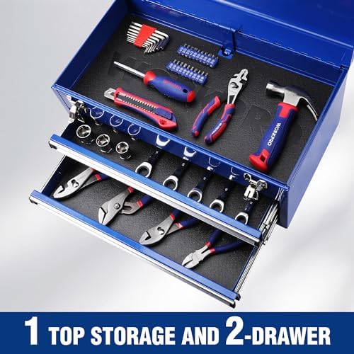 WORKPRO 15 Inch Metal Tool Box with 2 Drawers & 1 Top Storage, Heavy Duty Portable Tool Box with Handle for Garage, Office and Home, Up To 85 LBS Load Capacity