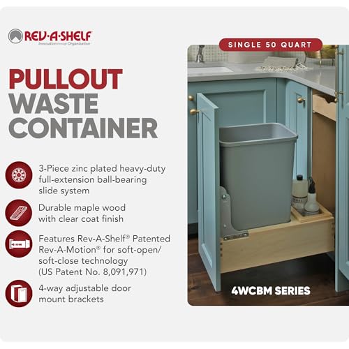 Rev-A-Shelf Pullout Under Counter Trash Can, 50 Qt 12.5 Gal Garbage Container with Soft-Close and Soft-Open Slides, Silver, 4WCBM-1550DM-1