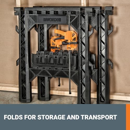 WORX Portable Folding Workbench, 2-in-1 Pegasus Table & Sawhorse, WX051 | 31"×25"×32" dimension, heavy load capacity, fast setup, includes 2 clamps & 4 clamp dogs, lightweight portable design
