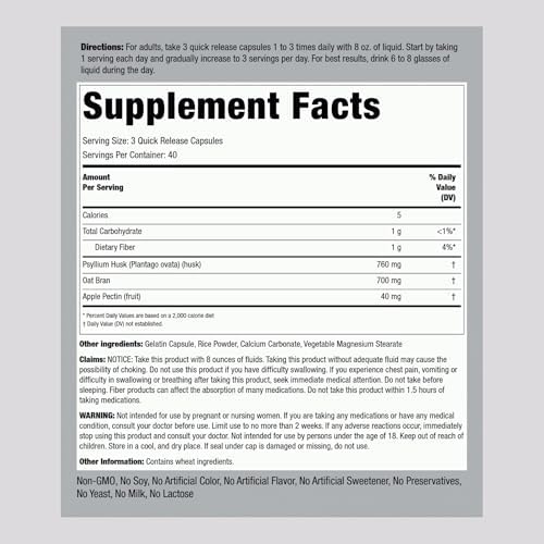 Piping Rock Fiber Complex Supplement | 1500mg | 120 Capsules | Triple Action Pills | with Psyllium, Oat Bran, and Apple Pectin | Non-GMO