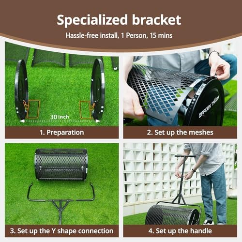 Compost Spreader 24 Inch Peat Moss Spreader with Installation Support Accessories, Metal Mesh Roller Lawn Spreader for Top Soil, Manure, Mulch, Top Dressing - Garden spreaders for lawns