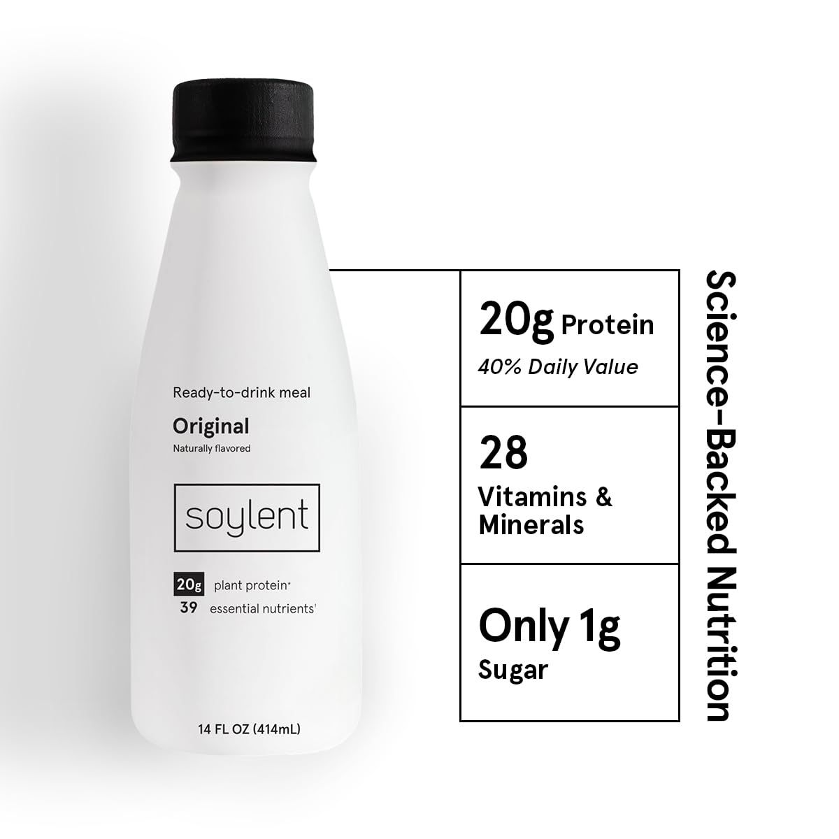 Soylent Creamy Chocolate Meal Replacement Shake, Ready-to-Drink Plant Based Protein Drink, Contains 20g Complete Vegan Protein and 1g Sugar, 14oz