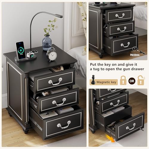 Dystler Nightstand with Gun Drawer and Charging Station | Night Stand with LED Light