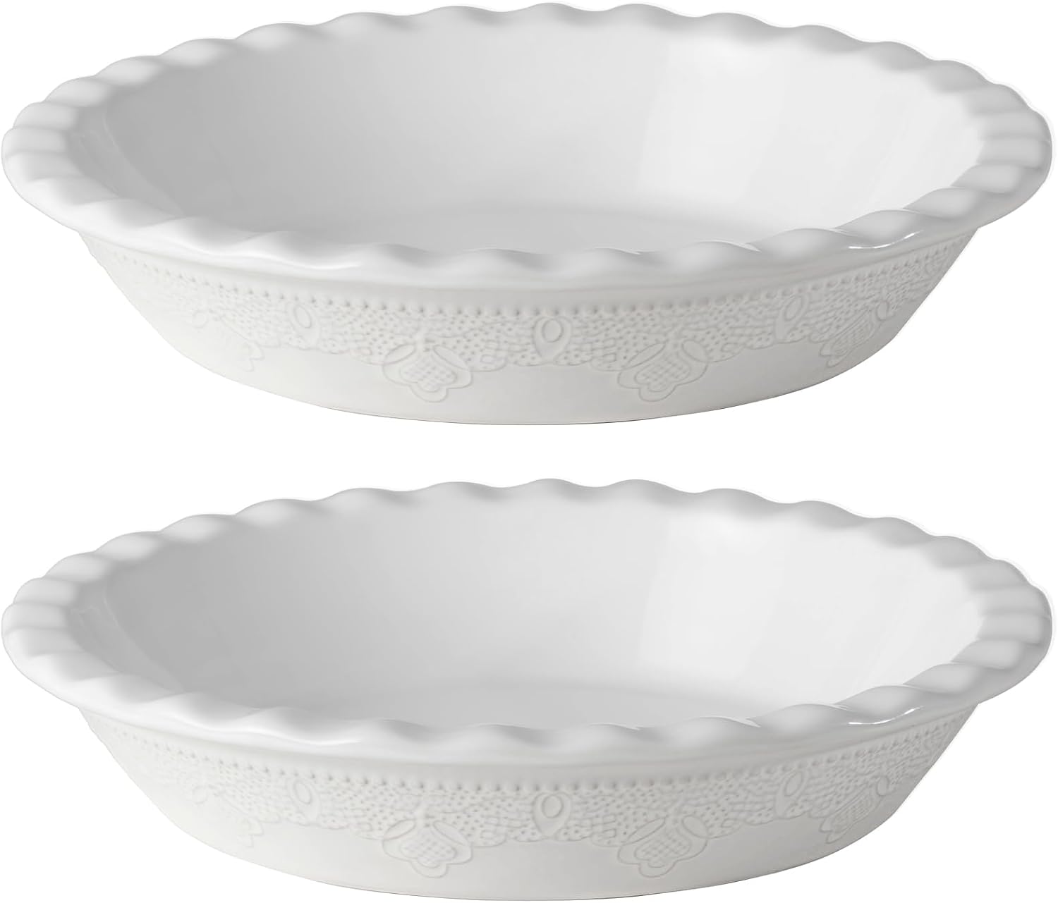 Fun Elements Pie Pan, 9 Inch Ceramic Pie Dish, Deep Dish Pie Pan with Lace Emboss, Ruffled Pie Plate for Baking