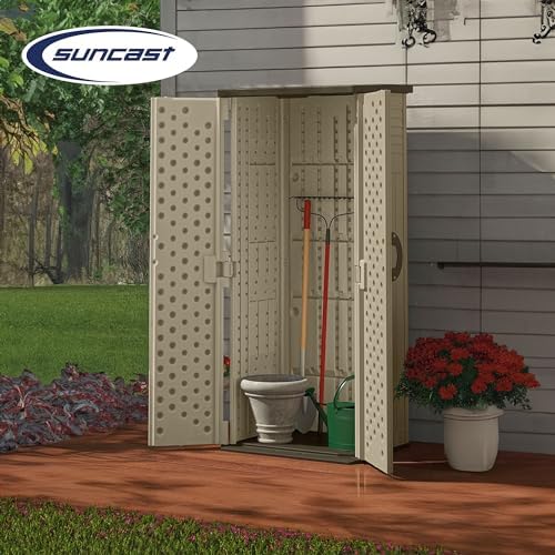 Suncast Vertical Shed, Compact Outdoor Storage System, 22 Cu. Ft. Capacity, Sand & Mustang - Lockable Multi-Wall Resin Organizer for Long-Handle Tools