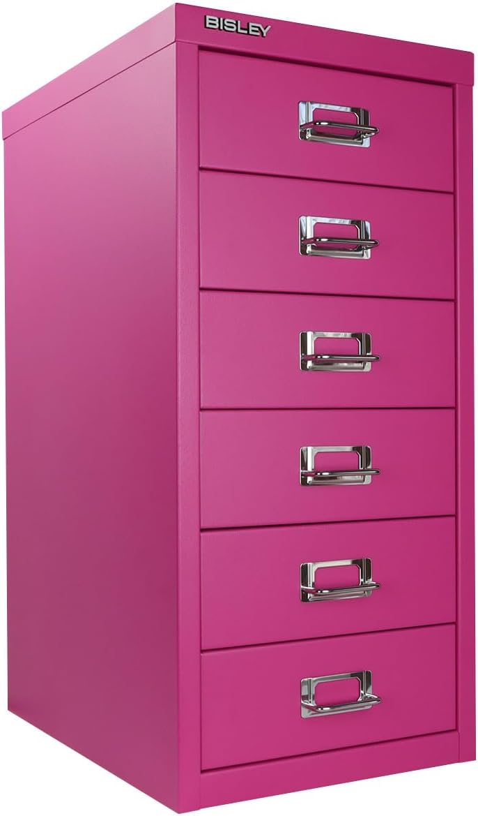 5-Drawer Steel MultiDrawer Cabinet - Orange, by Bisley | Chrome Pull Handles with Label Holders, Powder-Coated Steel, Removable Drawers, Desktop Storage, Labels Included