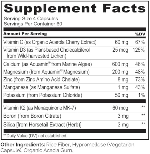NATURELO Calcium Supplement with Vitamin C, D3, K2, 120 Vegetarian Capsules | Magnesium & Zinc for Bone Strength,Plant-Based Calcium 600mg , Non-GMO, Soy & Gluten-Free